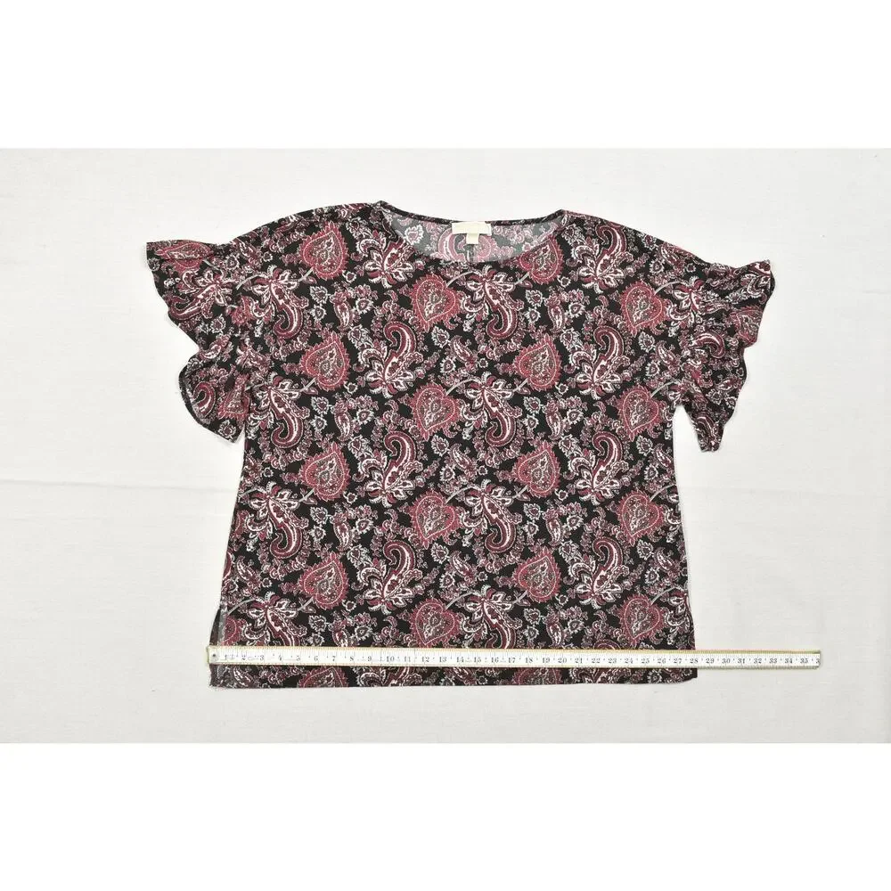 Michael Kors Women's 2X Top Black Red White Paisley Flutter Sleeve Stretch Blous